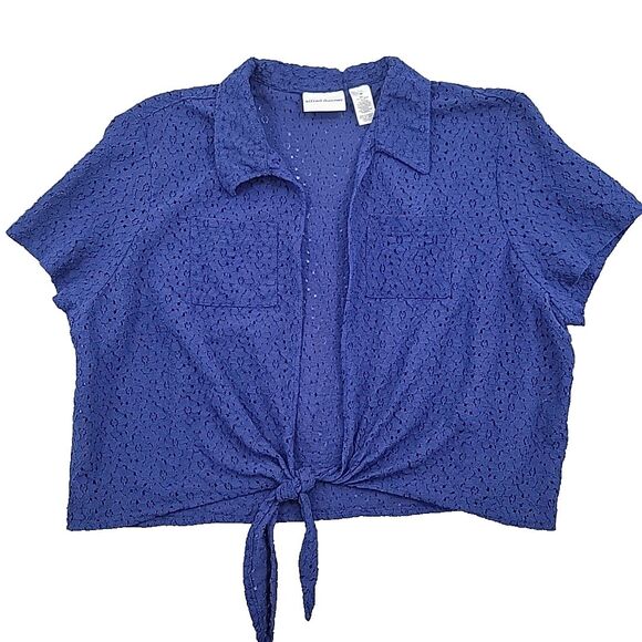 Alfred Dunner Womens Eyelet Shrug Top Size 18 Dark Blue Sheer Front Tie Open - Picture 1 of 8